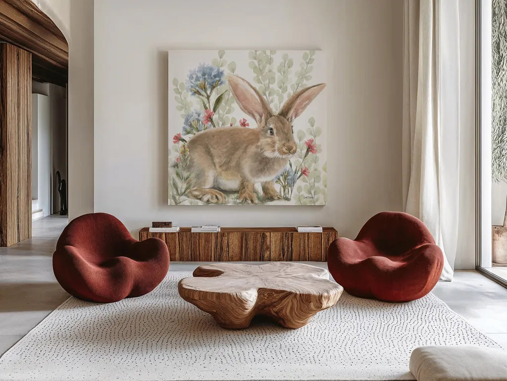 Hop Into Spring IV by Leslie Trimbach. Shown as extra-large giant wall art in a modern living room. Available as an archival giclee rolled canvas, fine art paper, or poster print. SKU 98309a.