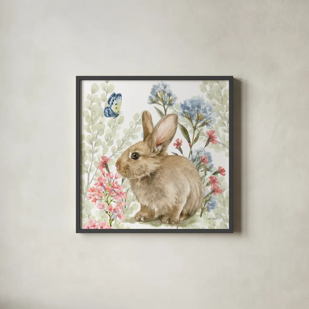 Hop Into Spring V by Leslie Trimbach. Shown in a sleek black glass frame for a contemporary gallery look. Available as an archival giclee rolled canvas, fine art paper, or poster print. SKU 98310a.