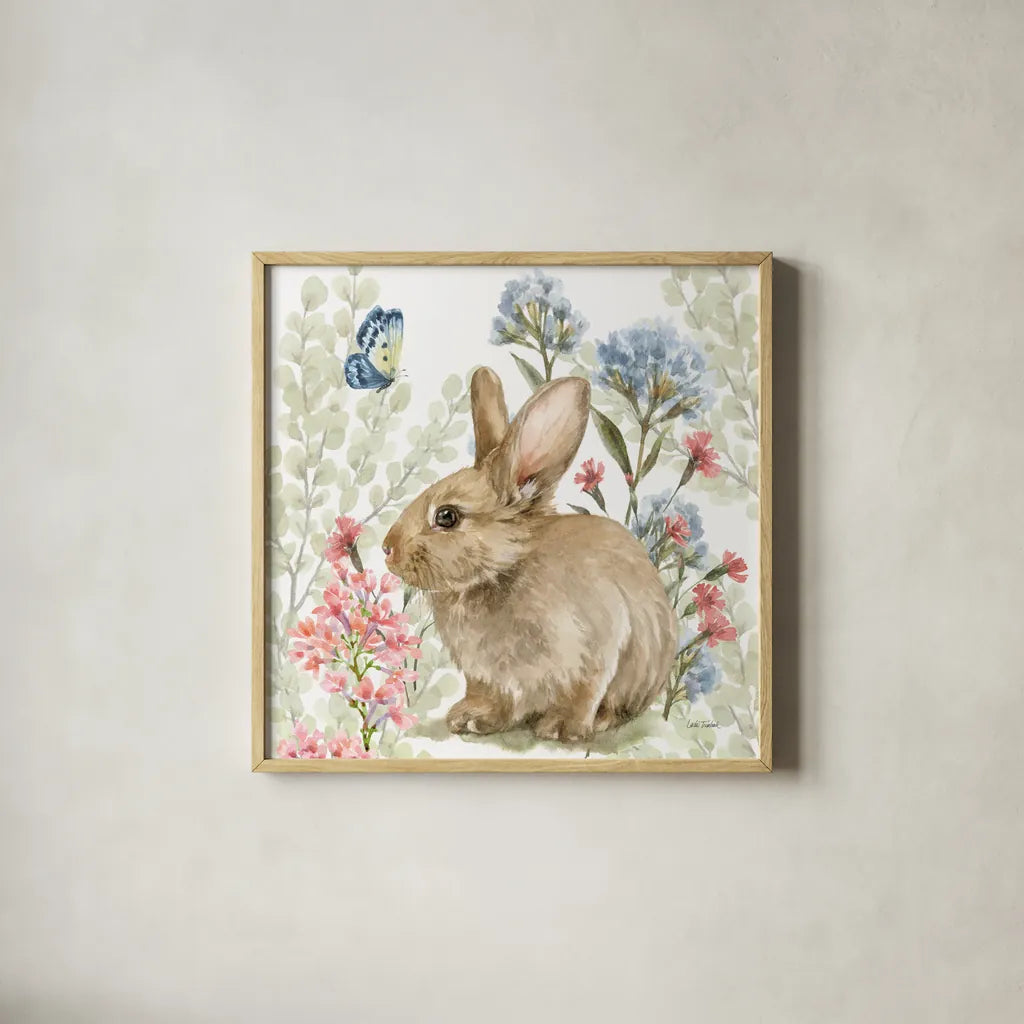 Hop Into Spring V by Leslie Trimbach. Shown in a natural wood glass frame for a timeless modern aesthetic. Available as an archival giclee rolled canvas, fine art paper, or poster print. SKU 98310a.