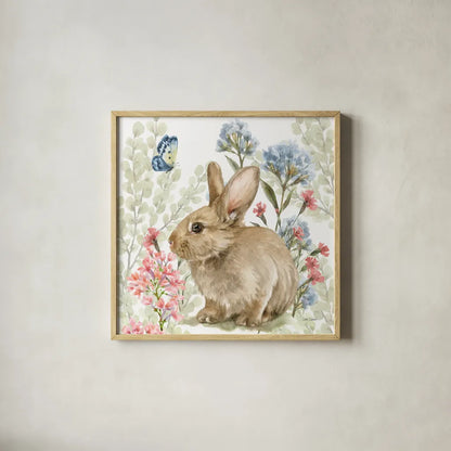 Hop Into Spring V by Leslie Trimbach. Shown in a natural wood glass frame for a timeless modern aesthetic. Available as an archival giclee rolled canvas, fine art paper, or poster print. SKU 98310a.