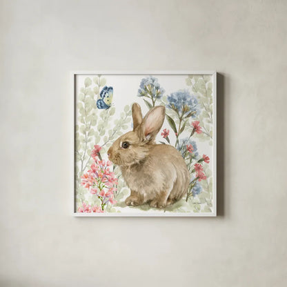 Hop Into Spring V by Leslie Trimbach. Shown in a crisp white glass frame for a clean and minimalist style. Available as an archival giclee rolled canvas, fine art paper, or poster print. SKU 98310a.