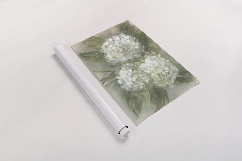 Hydrangea Bouquet by Leslie Trimbach. shown as a rolled paper print. Available as archival giclee rolled canvas, fine art paper, or poster print. SKU 91171i.