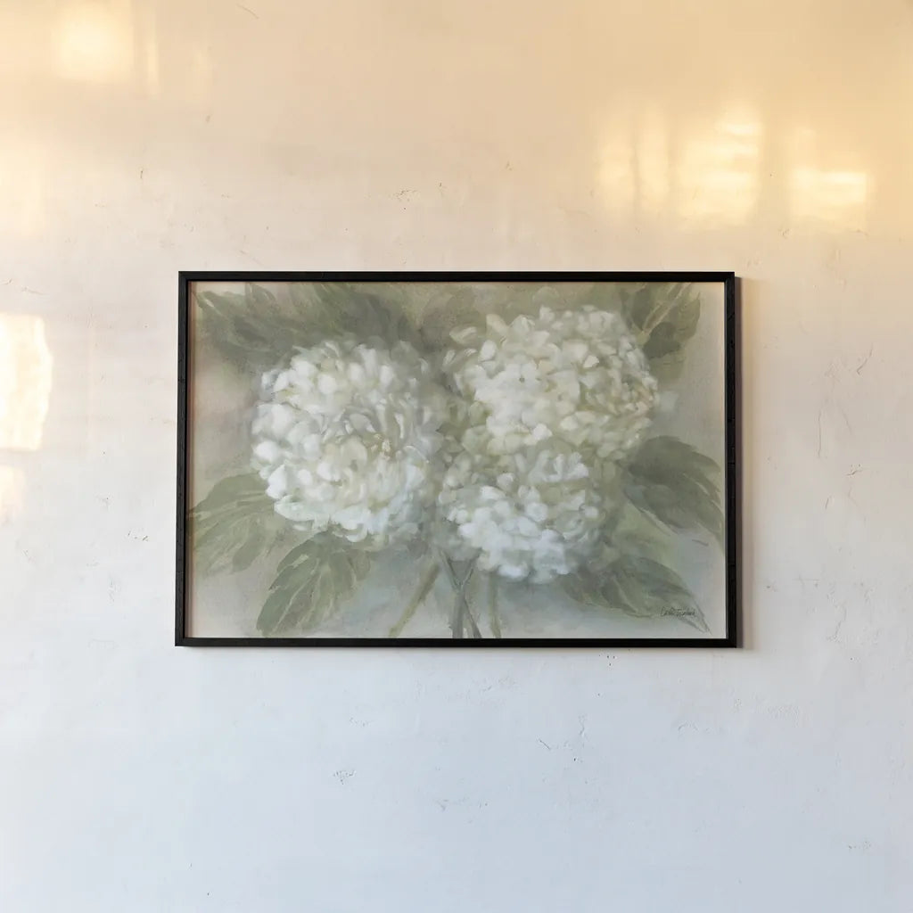 Hydrangea Bouquet by Leslie Trimbach. shown as a paper print in a black flame. Available as a archival giclee rolled canvas, fine art paper, or poster print. SKU 91171i.