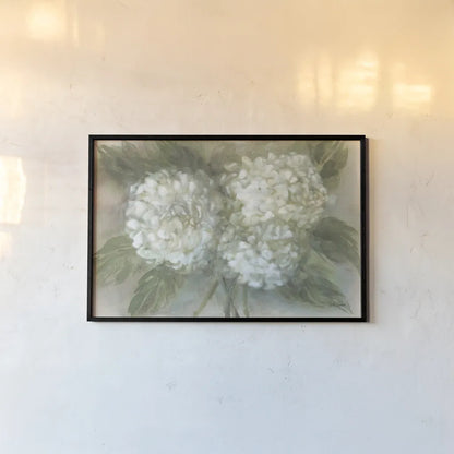 Hydrangea Bouquet by Leslie Trimbach. shown as a paper print in a black flame. Available as a archival giclee rolled canvas, fine art paper, or poster print. SKU 91171i.