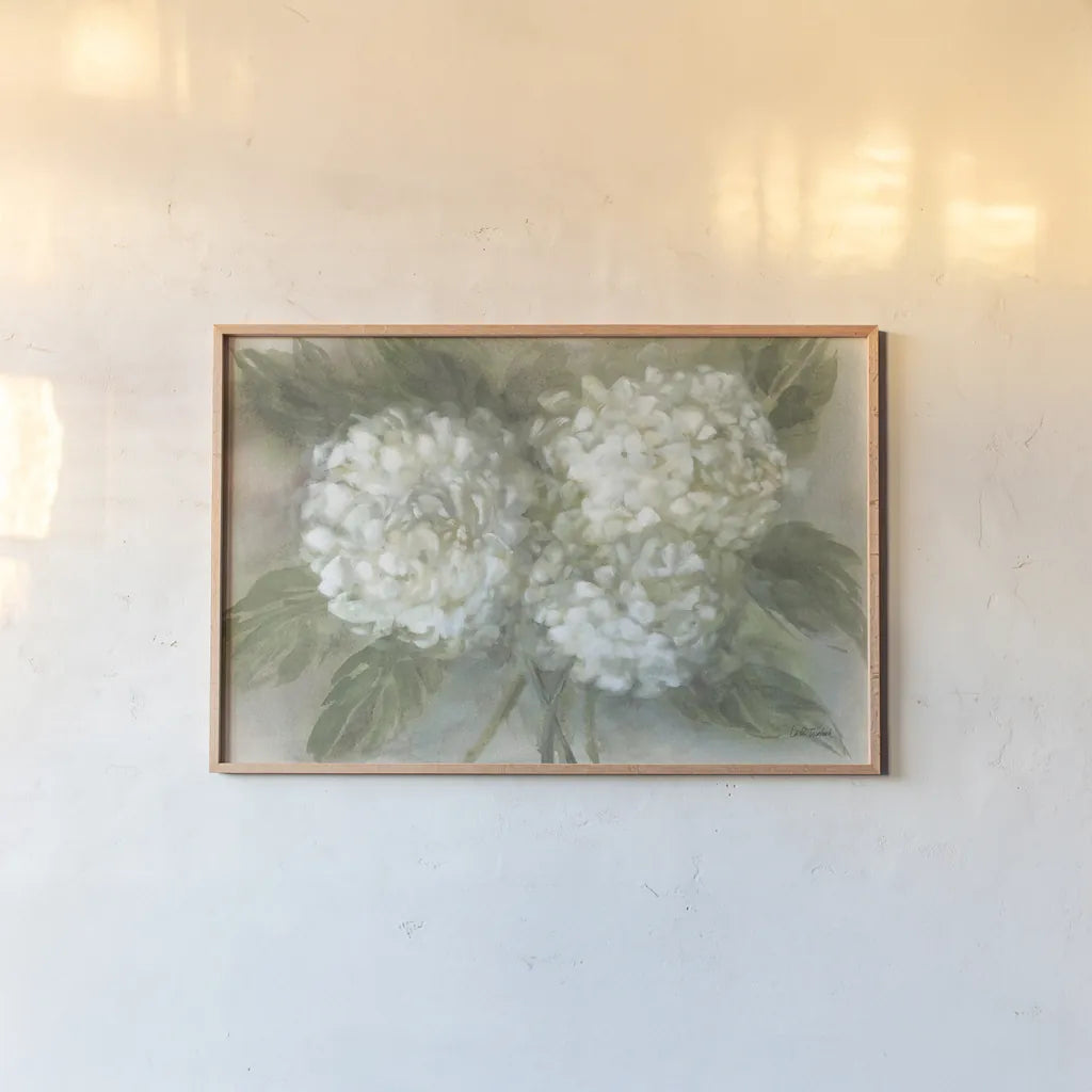 Hydrangea Bouquet by Leslie Trimbach. shown as a paper print in a natural frame. Available as a archival giclee rolled canvas, fine art paper, or poster print. SKU 91171i.