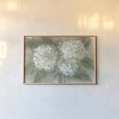 Hydrangea Bouquet by Leslie Trimbach. shown as a paper print in a natural frame. Available as a archival giclee rolled canvas, fine art paper, or poster print. SKU 91171i.