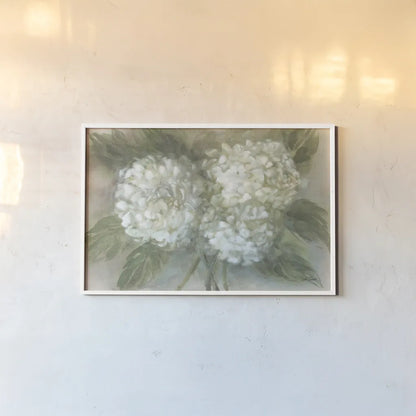 Hydrangea Bouquet by Leslie Trimbach. shown as a paper print in a white frame. Available as a archival giclee rolled canvas, fine art paper, or poster print. SKU 91171i.