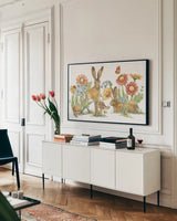 In The Garden I by Leslie Trimbach. shown as a framed stretched canvas in a living room above a console. Available as a archival giclee rolled canvas, fine art paper, or poster print. SKU 85681i.