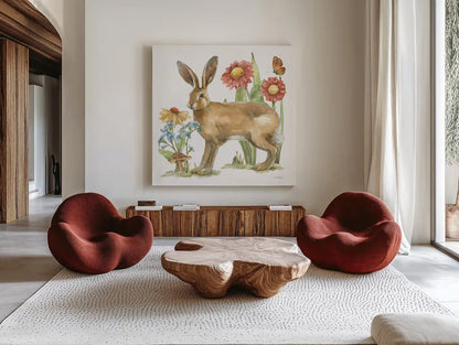 In The Garden III by Leslie Trimbach. Shown as extra-large giant wall art in a modern living room. Available as an archival giclee rolled canvas, fine art paper, or poster print. SKU 85683a.