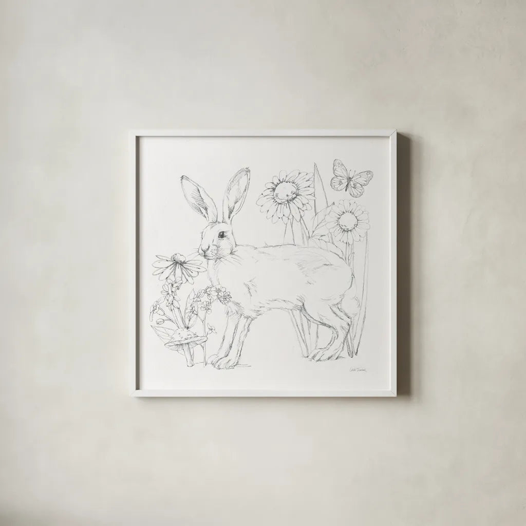 In The Garden III Sketch by Leslie Trimbach. Shown in a crisp white glass frame for a clean and minimalist style. Available as an archival giclee rolled canvas, fine art paper, or poster print. SKU 85688a.