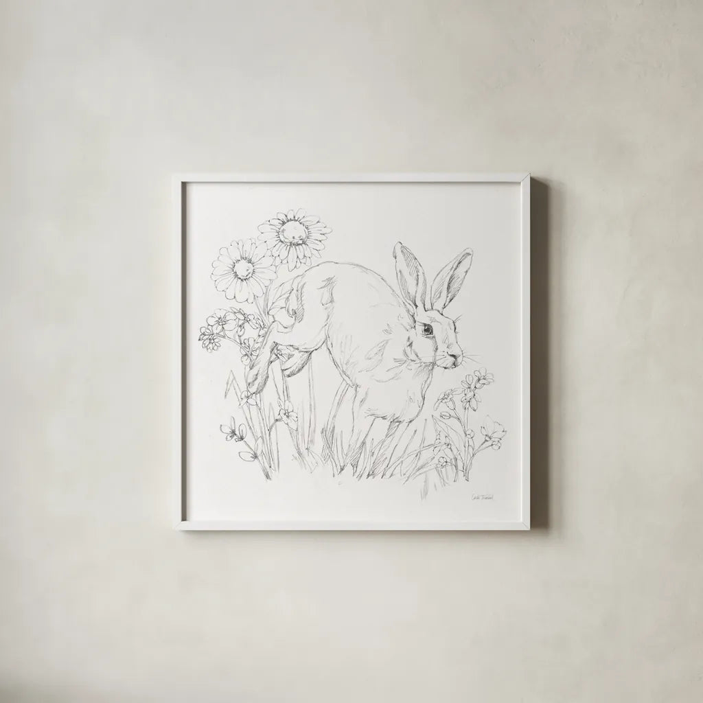 In The Garden IV Sketch by Leslie Trimbach. Shown in a crisp white glass frame for a clean and minimalist style. Available as an archival giclee rolled canvas, fine art paper, or poster print. SKU 85689a.