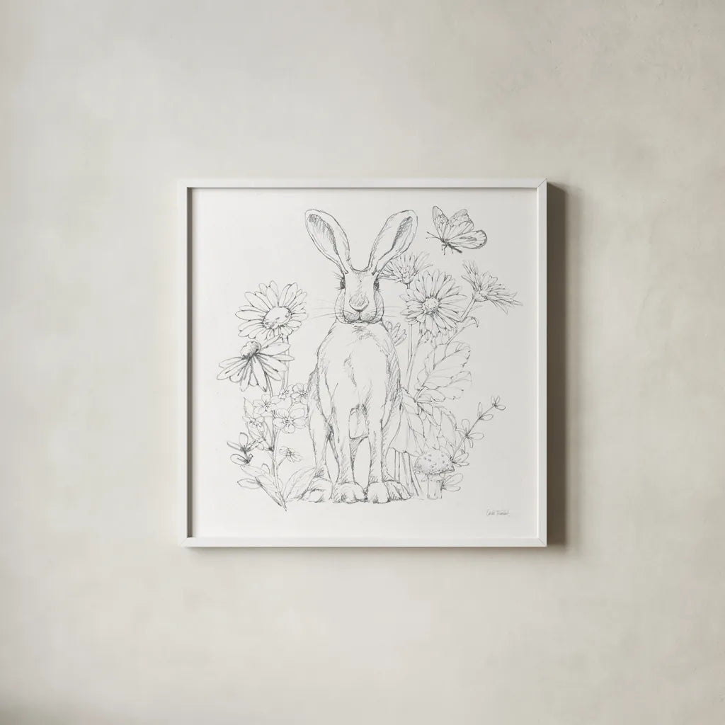 In The Garden V Sketch by Leslie Trimbach. Shown in a crisp white glass frame for a clean and minimalist style. Available as an archival giclee rolled canvas, fine art paper, or poster print. SKU 85690a.