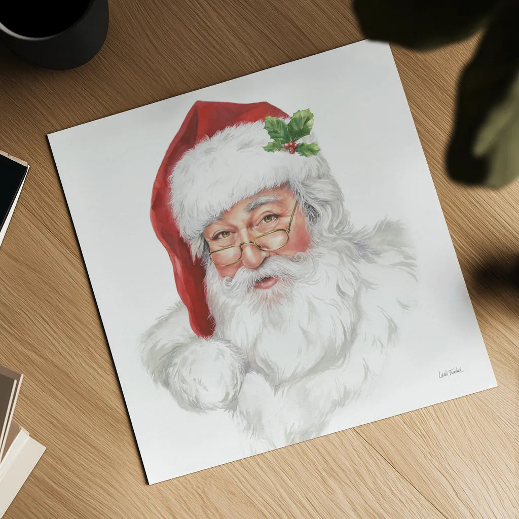 Jolly Santa by Leslie Trimbach. Shown as a detailed flat fine art print, highlighting archival giclee quality. Available as an archival giclee rolled canvas, fine art paper, or poster print. SKU 89229a.