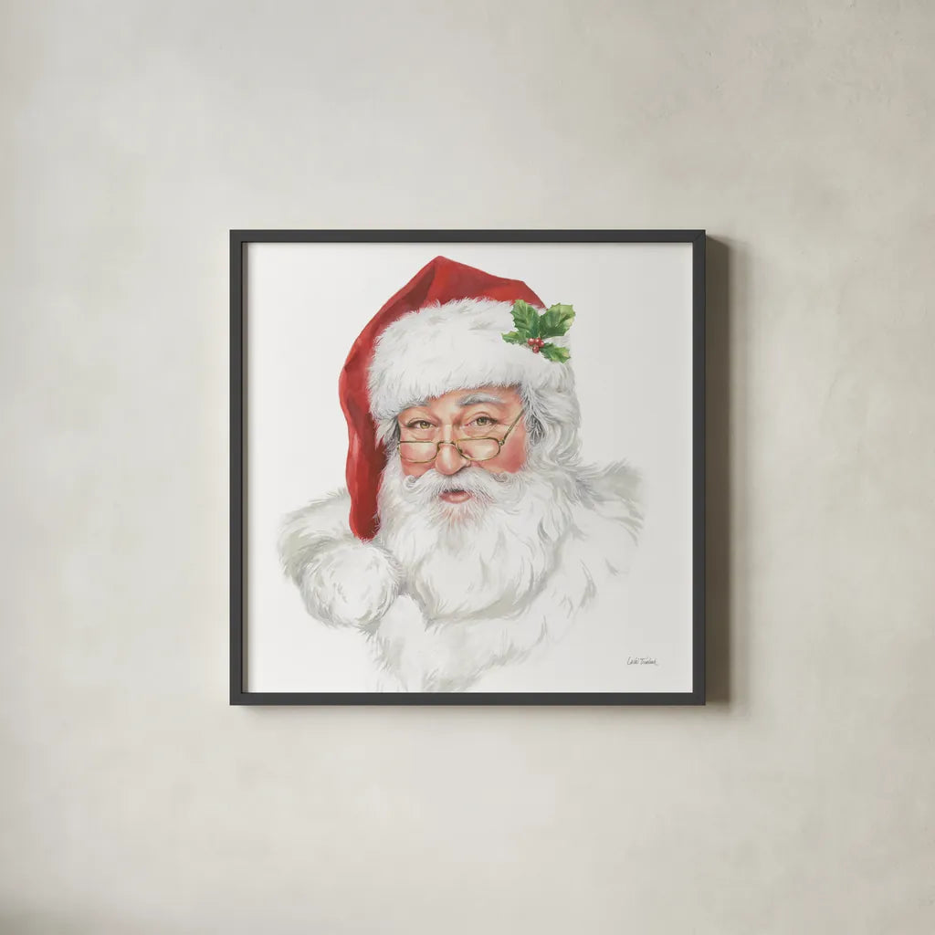 Jolly Santa by Leslie Trimbach. Shown in a sleek black glass frame for a contemporary gallery look. Available as an archival giclee rolled canvas, fine art paper, or poster print. SKU 89229a.