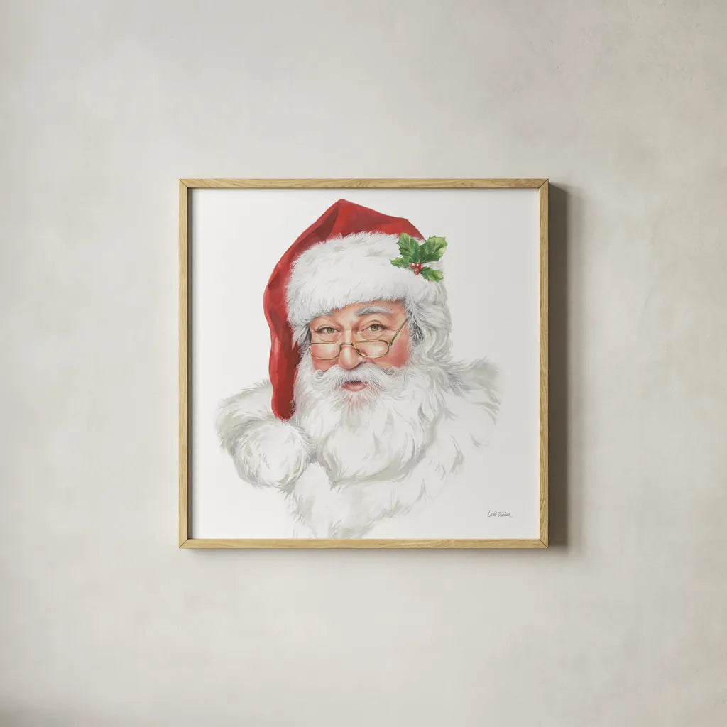 Jolly Santa by Leslie Trimbach. Shown in a natural wood glass frame for a timeless modern aesthetic. Available as an archival giclee rolled canvas, fine art paper, or poster print. SKU 89229a.