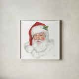 Jolly Santa by Leslie Trimbach. Shown in a crisp white glass frame for a clean and minimalist style. Available as an archival giclee rolled canvas, fine art paper, or poster print. SKU 89229a.
