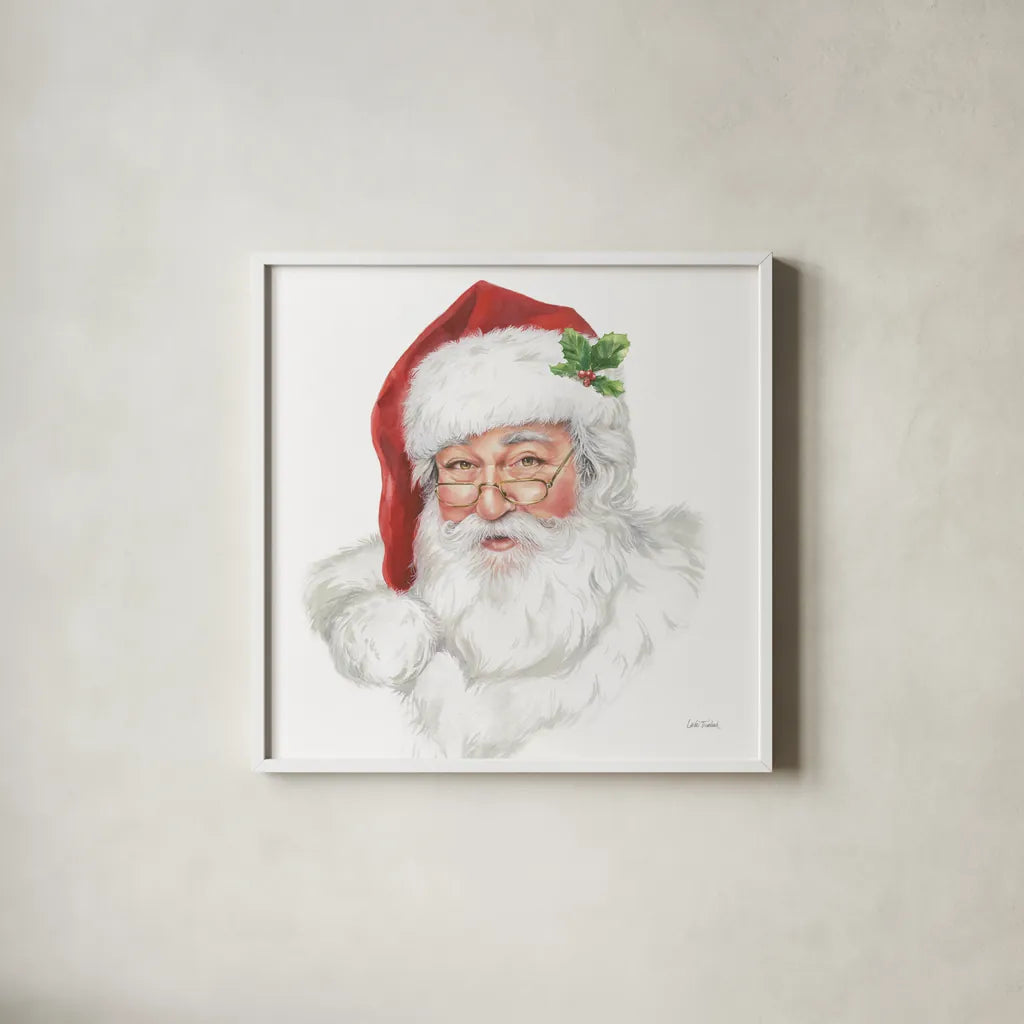 Jolly Santa by Leslie Trimbach. Shown in a crisp white glass frame for a clean and minimalist style. Available as an archival giclee rolled canvas, fine art paper, or poster print. SKU 89229a.