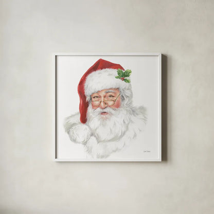Jolly Santa by Leslie Trimbach. Shown in a crisp white glass frame for a clean and minimalist style. Available as an archival giclee rolled canvas, fine art paper, or poster print. SKU 89229a.