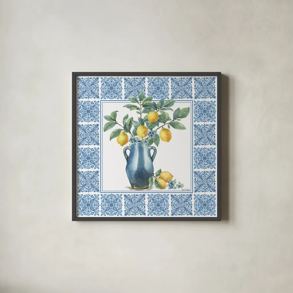 Le Citron V by Leslie Trimbach. Shown in a sleek black glass frame for a contemporary gallery look. Available as an archival giclee rolled canvas, fine art paper, or poster print. SKU 99266a.