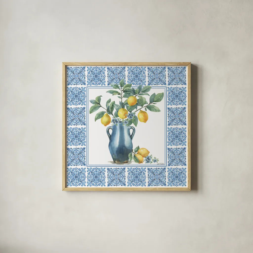 Le Citron V by Leslie Trimbach. Shown in a natural wood glass frame for a timeless modern aesthetic. Available as an archival giclee rolled canvas, fine art paper, or poster print. SKU 99266a.