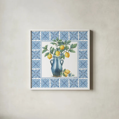 Le Citron V by Leslie Trimbach. Shown in a crisp white glass frame for a clean and minimalist style. Available as an archival giclee rolled canvas, fine art paper, or poster print. SKU 99266a.