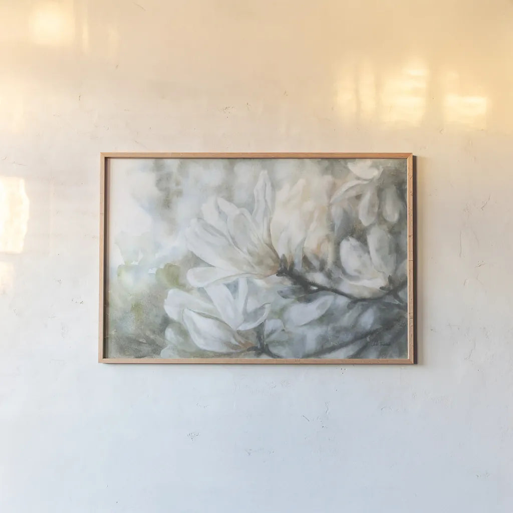 Magnolia by Leslie Trimbach. shown as a paper print in a natural frame. Available as a archival giclee rolled canvas, fine art paper, or poster print. SKU 91246i.