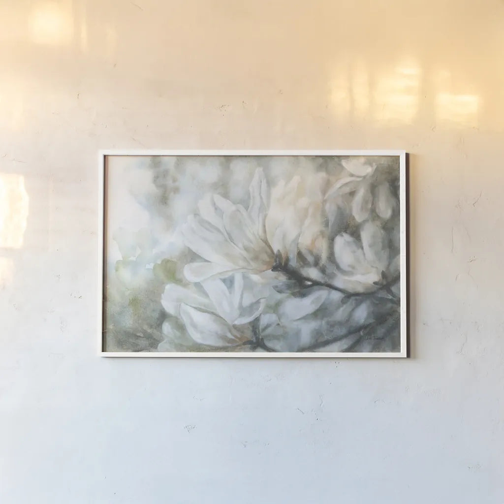 Magnolia by Leslie Trimbach. shown as a paper print in a white frame. Available as a archival giclee rolled canvas, fine art paper, or poster print. SKU 91246i.