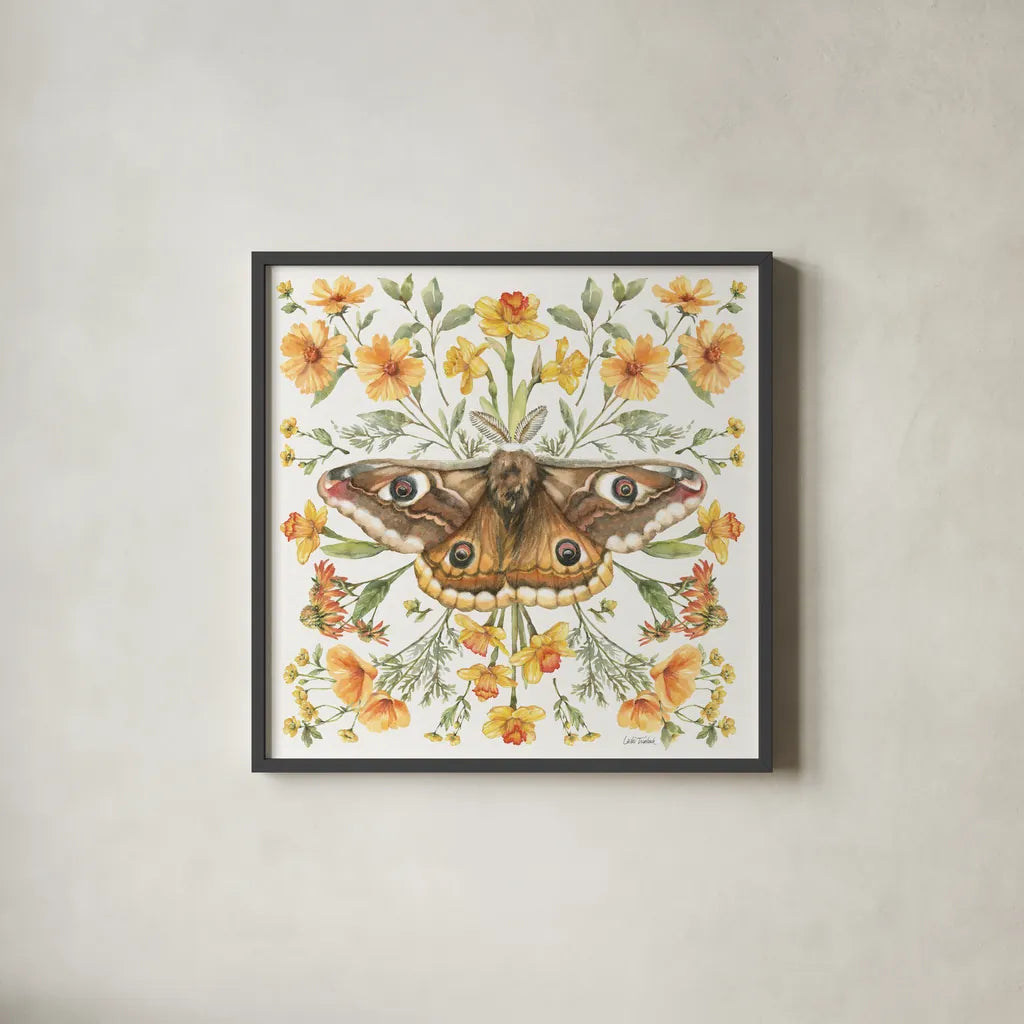 Moth Art I by Leslie Trimbach. Shown in a sleek black glass frame for a contemporary gallery look. Available as an archival giclee rolled canvas, fine art paper, or poster print. SKU 101189a.