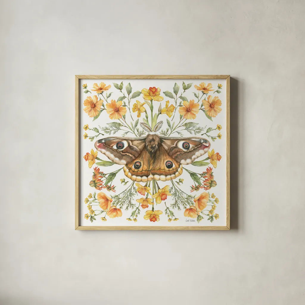 Moth Art I by Leslie Trimbach. Shown in a natural wood glass frame for a timeless modern aesthetic. Available as an archival giclee rolled canvas, fine art paper, or poster print. SKU 101189a.
