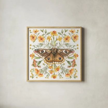 Moth Art I by Leslie Trimbach. Shown in a natural wood glass frame for a timeless modern aesthetic. Available as an archival giclee rolled canvas, fine art paper, or poster print. SKU 101189a.
