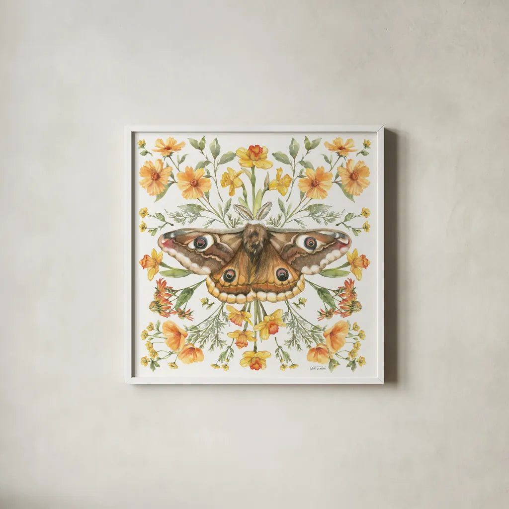 Moth Art I by Leslie Trimbach. Shown in a crisp white glass frame for a clean and minimalist style. Available as an archival giclee rolled canvas, fine art paper, or poster print. SKU 101189a.