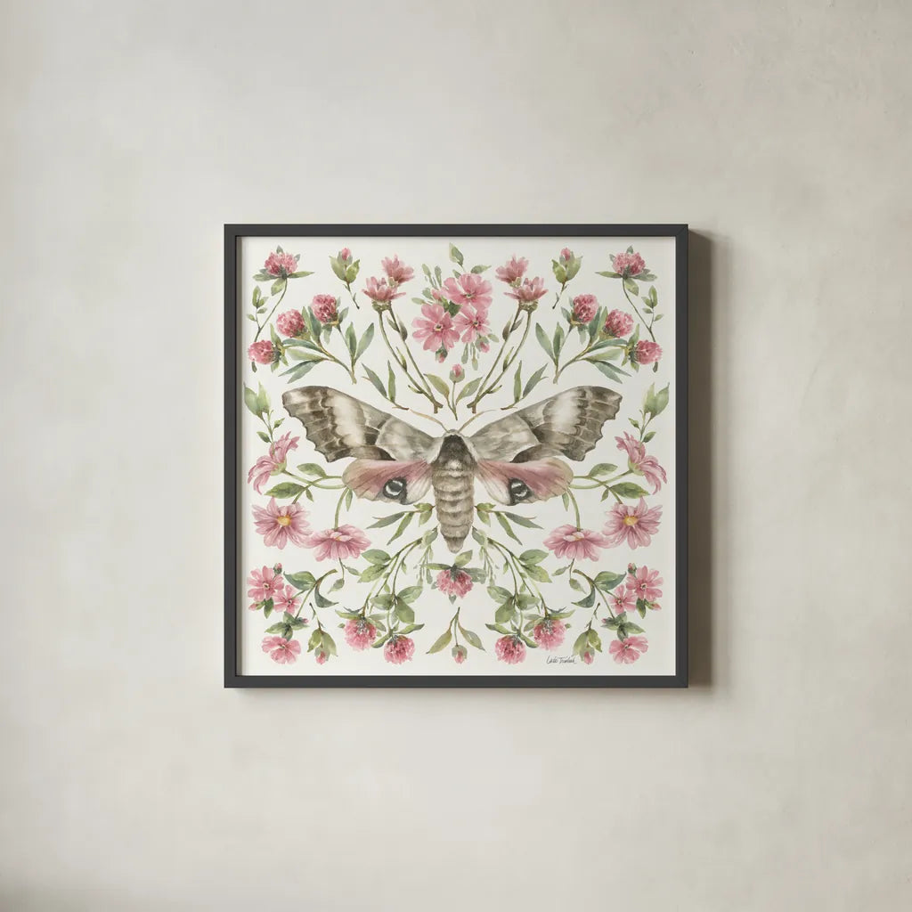 Moth Art II by Leslie Trimbach. Shown in a sleek black glass frame for a contemporary gallery look. Available as an archival giclee rolled canvas, fine art paper, or poster print. SKU 101190a.