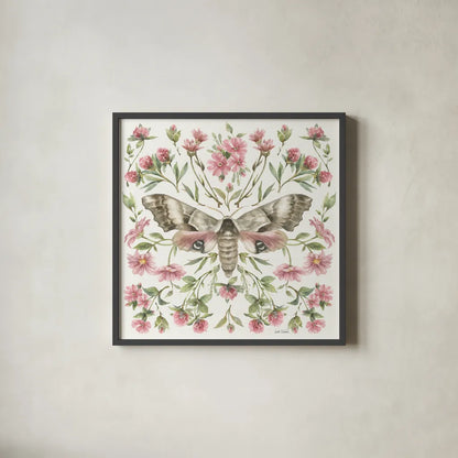 Moth Art II by Leslie Trimbach. Shown in a sleek black glass frame for a contemporary gallery look. Available as an archival giclee rolled canvas, fine art paper, or poster print. SKU 101190a.