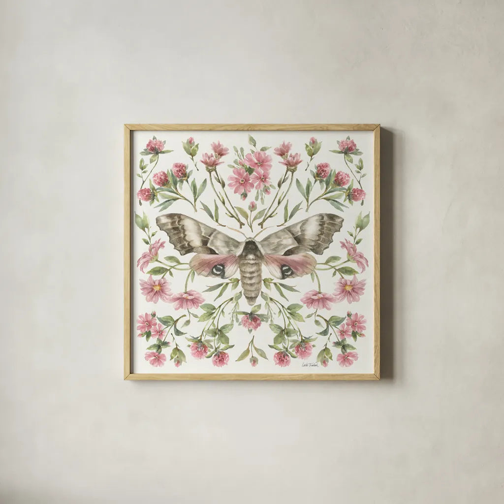 Moth Art II by Leslie Trimbach. Shown in a natural wood glass frame for a timeless modern aesthetic. Available as an archival giclee rolled canvas, fine art paper, or poster print. SKU 101190a.