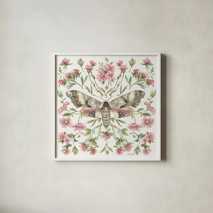 Moth Art II by Leslie Trimbach. Shown in a crisp white glass frame for a clean and minimalist style. Available as an archival giclee rolled canvas, fine art paper, or poster print. SKU 101190a.