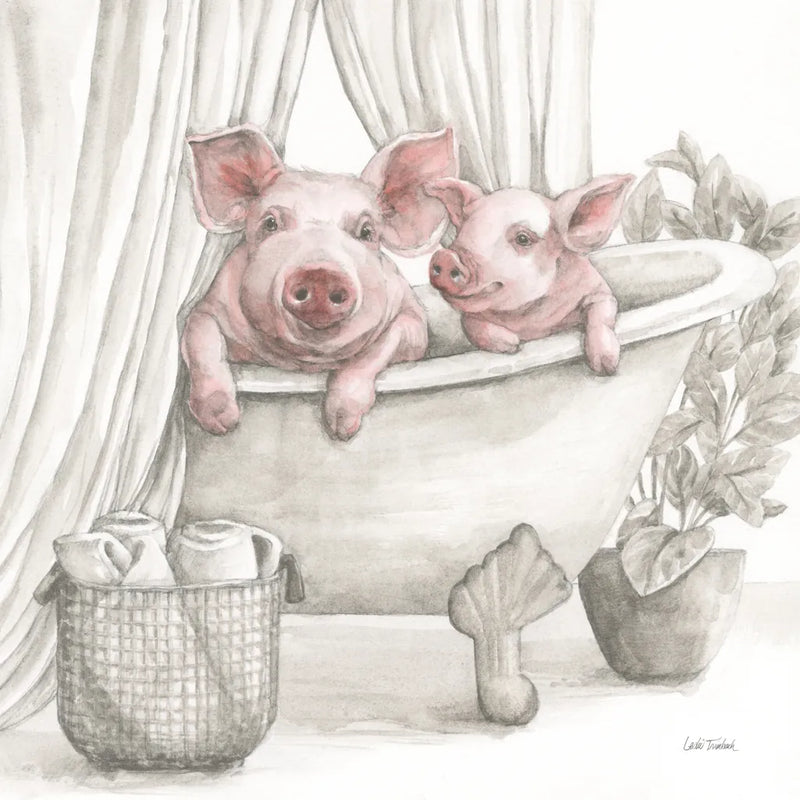 Pigs in a Tub Color by Leslie Trimbach. SKU 89899a. Archival Giclee Fine art print for wall decor.