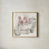 Pigs in a Tub Color by Leslie Trimbach. Shown in a natural wood glass frame for a timeless modern aesthetic. Available as an archival giclee rolled canvas, fine art paper, or poster print. SKU 89899a.
