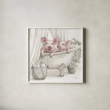 Pigs in a Tub Color by Leslie Trimbach. Shown in a crisp white glass frame for a clean and minimalist style. Available as an archival giclee rolled canvas, fine art paper, or poster print. SKU 89899a.