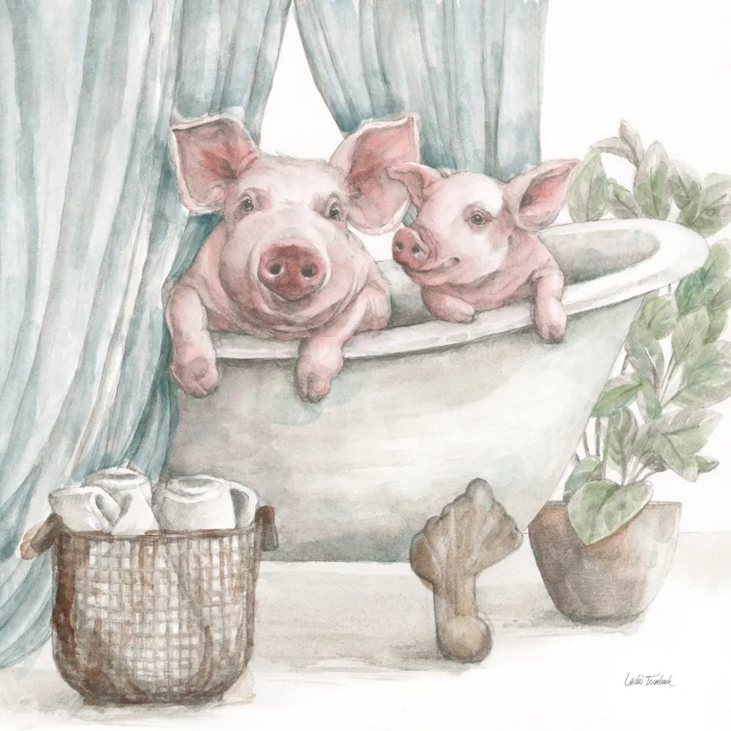 Pigs in a Tub Color by Leslie Trimbach. SKU 91159a. Archival Giclee Fine art print for wall decor.