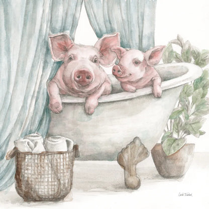Pigs in a Tub Color by Leslie Trimbach. SKU 91159a. Archival Giclee Fine art print for wall decor.