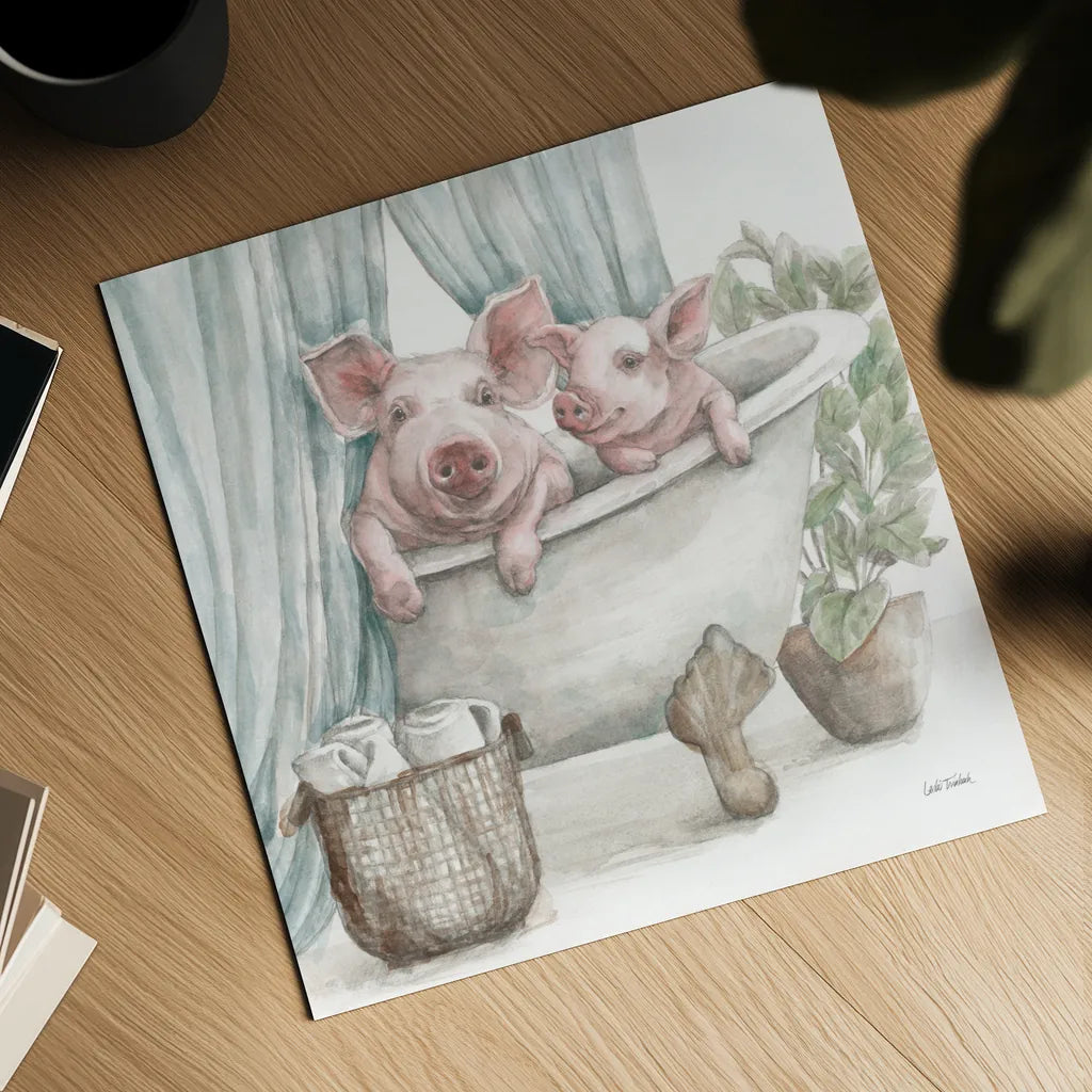 Pigs in a Tub Color by Leslie Trimbach. Shown as a detailed flat fine art print, highlighting archival giclee quality. Available as an archival giclee rolled canvas, fine art paper, or poster print. SKU 91159a.