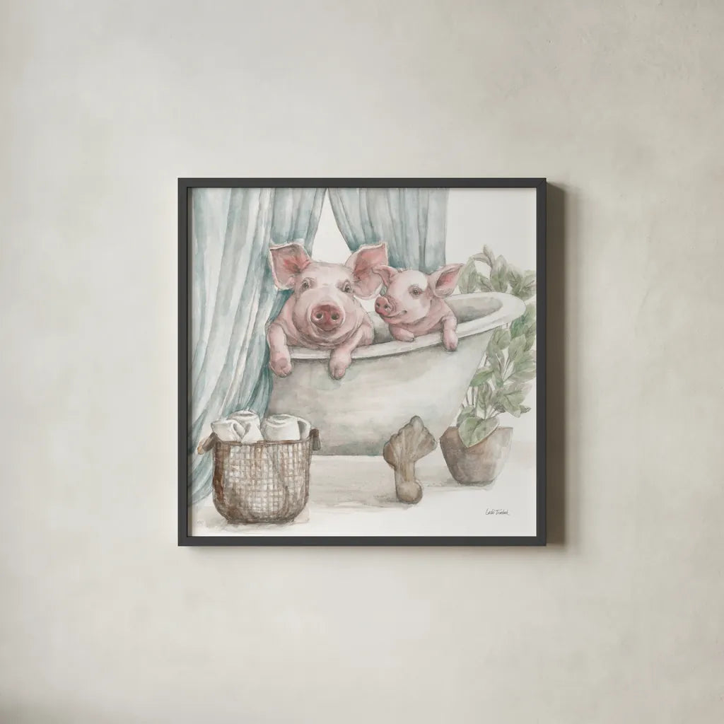 Pigs in a Tub Color by Leslie Trimbach. Shown in a sleek black glass frame for a contemporary gallery look. Available as an archival giclee rolled canvas, fine art paper, or poster print. SKU 91159a.