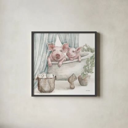Pigs in a Tub Color by Leslie Trimbach. Shown in a sleek black glass frame for a contemporary gallery look. Available as an archival giclee rolled canvas, fine art paper, or poster print. SKU 91159a.