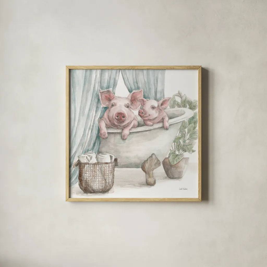 Pigs in a Tub Color by Leslie Trimbach. Shown in a natural wood glass frame for a timeless modern aesthetic. Available as an archival giclee rolled canvas, fine art paper, or poster print. SKU 91159a.