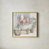 Pigs in a Tub Color by Leslie Trimbach. Shown in a natural wood glass frame for a timeless modern aesthetic. Available as an archival giclee rolled canvas, fine art paper, or poster print. SKU 91159a.