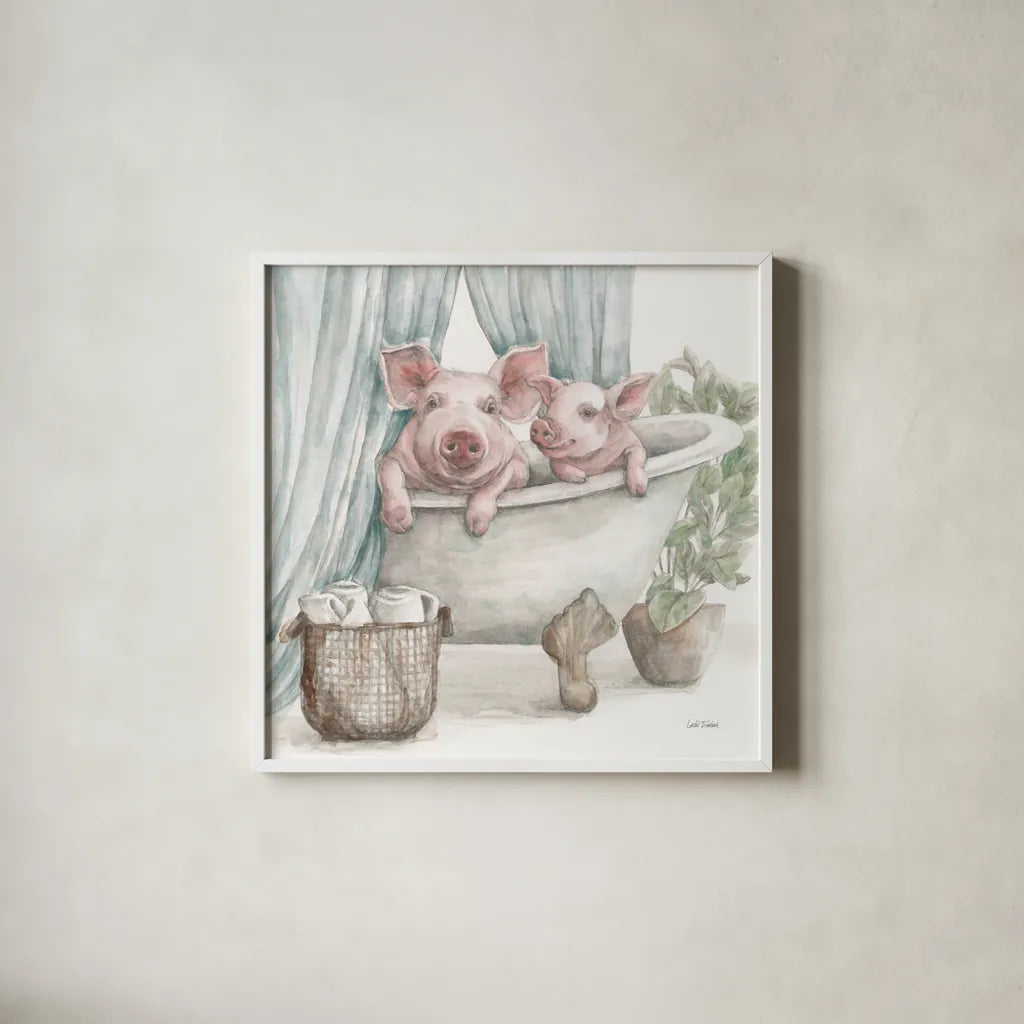 Pigs in a Tub Color by Leslie Trimbach. Shown in a crisp white glass frame for a clean and minimalist style. Available as an archival giclee rolled canvas, fine art paper, or poster print. SKU 91159a.