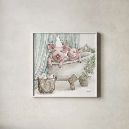Pigs in a Tub Color by Leslie Trimbach. Shown in a crisp white glass frame for a clean and minimalist style. Available as an archival giclee rolled canvas, fine art paper, or poster print. SKU 91159a.