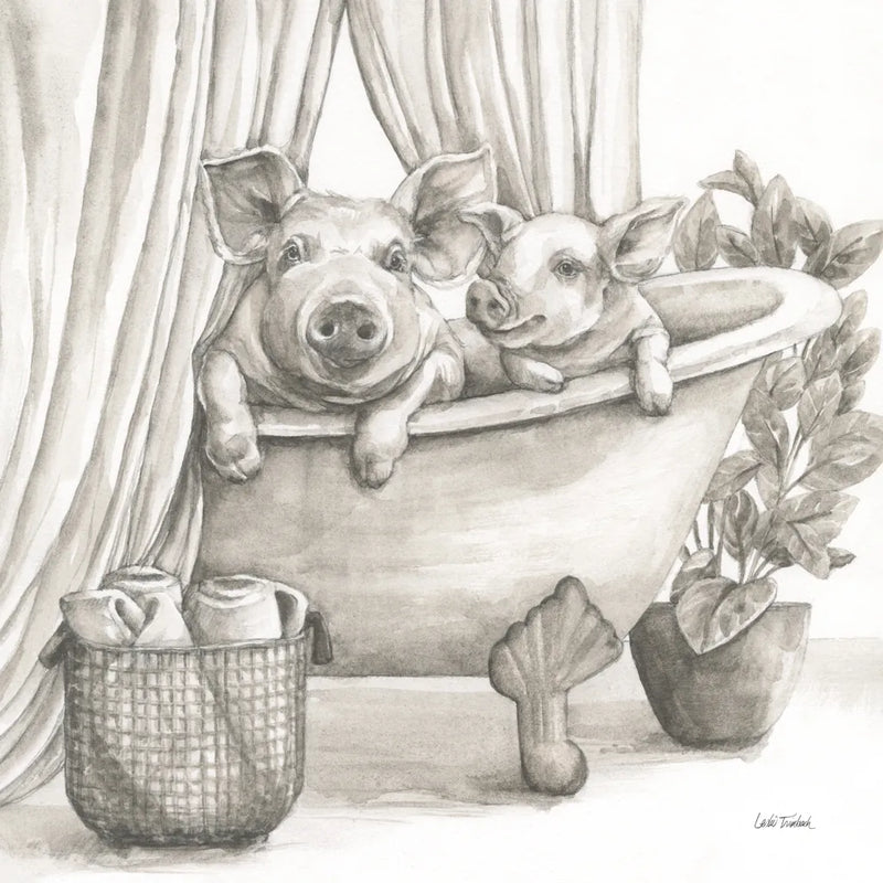 Pigs in a Tub Sepia by Leslie Trimbach. SKU 89900a. Archival Giclee Fine art print for wall decor.