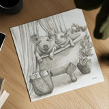 Pigs in a Tub Sepia by Leslie Trimbach. Shown as a detailed flat fine art print, highlighting archival giclee quality. Available as an archival giclee rolled canvas, fine art paper, or poster print. SKU 89900a.