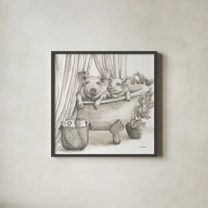 Pigs in a Tub Sepia by Leslie Trimbach. Shown in a sleek black glass frame for a contemporary gallery look. Available as an archival giclee rolled canvas, fine art paper, or poster print. SKU 89900a.